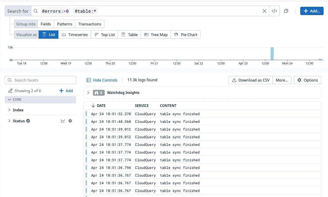 Datadog logs explorer query